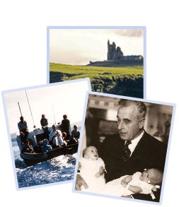 Classiebawn Castle, family on boat, and Timothy as a child